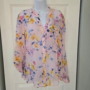 Kut from the Kloth Jasmine Chiffon Sheer Floral Blouse Petal Pink Butter Yellow